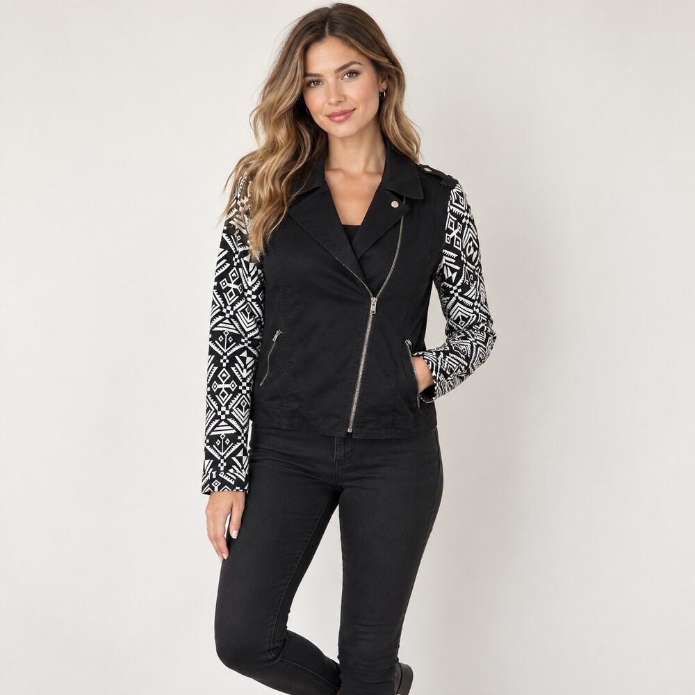 Life in Progress Womens M Black Moto Jacket Geometric Print Sleeves Zip Front